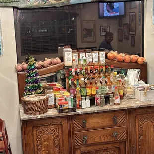 a counter full of food items