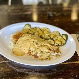 Cajun Piccata Sauce over blackened catfish and rice. Wow was this good!