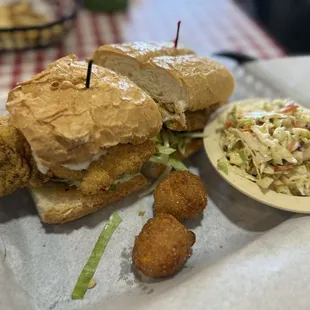Catfish po'boy dressed with side cole slaw