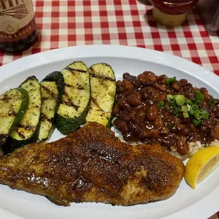 Grilled blacked catfish with zucchini, rice and beans - superb!