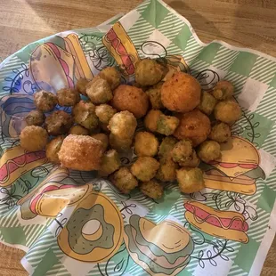 Appetizer sampler  Cowboy nuggets, frog legs, okra