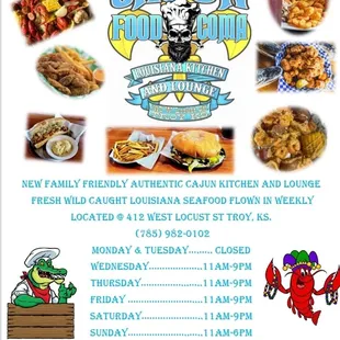 the menu for cajun food coma