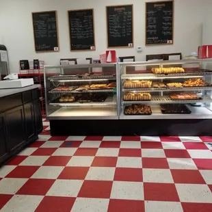 a checkered floor in a bakery