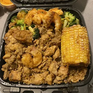 chicken, corn, and broccoli