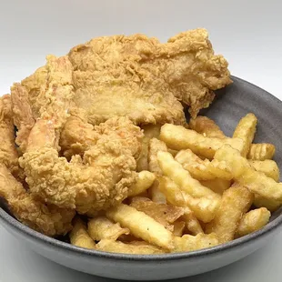 Fried fish and Shrimp with a side of fries