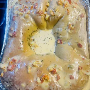 a close up of a baked dish