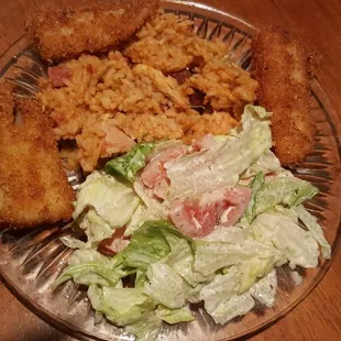 CHICKEN AND SAUSAGE JAMBALAYA W/ FISH AND SALAD