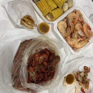 a variety of seafoods