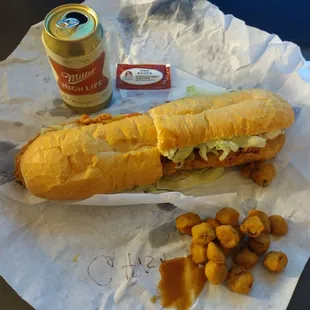 Fried catfish po&apos; boy and fried okra