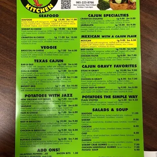 The current menu and prices on 2/25/2019.
