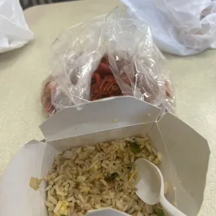 Shrimp fried rice and overcooked chewy crawfish