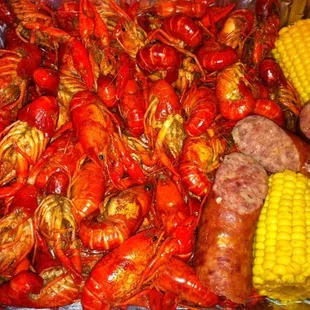 crawfish, corn, and sausage
