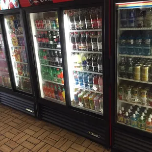 Big Shot flavors, Foco Juices, Arizona Teas, Fanta, Sprite, Cokes, Dasani Water, Bottled Cokes &amp; Sprites, Monster Energy Drinks.