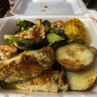 D1. 2 Pieces Fish, 5 Jumbo Shrimps, Sweet Corn, potatoes, Broccoli