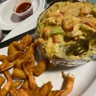 Fried Shrimp, baked potato with the number 4 topping. Yummmmmmmmmm