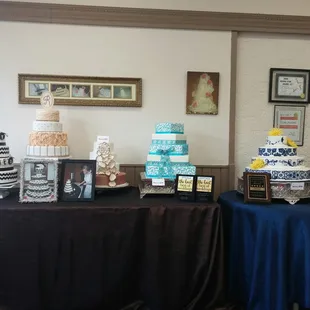 a variety of cakes on a table