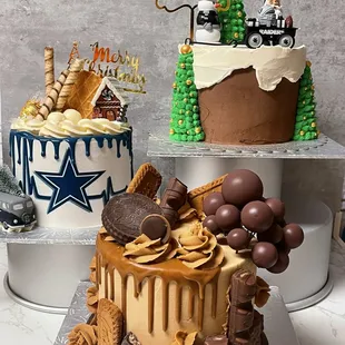 a variety of decorated cakes