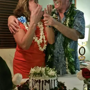 Myrna &amp; John, flew in from Colorado.  Their strawberry  shortcake topped with chocolate strawberries wedding cake was a hit!
