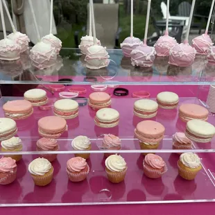 Cake pops, macaroons, and mini-cupcakes.