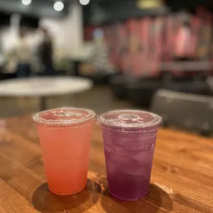 Lychee rose soda and a butterfly pea lemonade soda