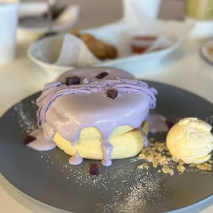 Ube fluffy pancakes were delicious. Could&apos;ve used more ube pieces on top.