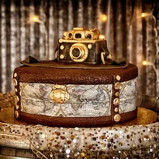 Chocolate grooms camera bag, with Rice Krispie made camera for our photographer himself