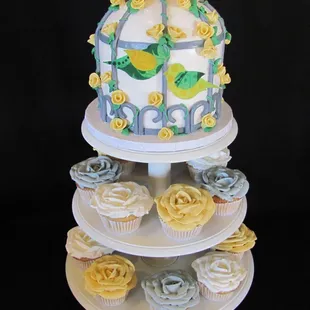 Birdcage and roses bridal shower cupcake tower