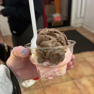a person holding a cup of ice cream