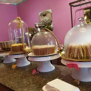 a variety of cakes on display