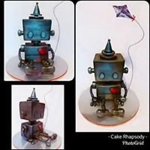 four different views of a robot cake