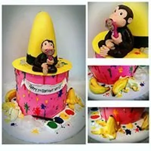 a collage of images of a cake with a monkey on top