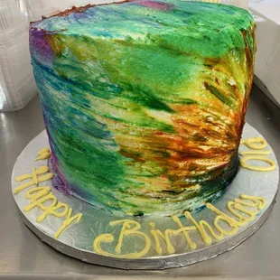 a colorful cake with a happy birthday message