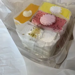 Mango, Pineapple, Falooda, and Rasmalai cakes