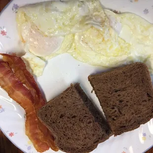 Eggs, bacon with Amish rye.