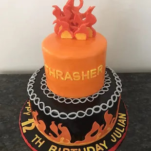 Firey Harley Davidson cake topped with smoking flames !