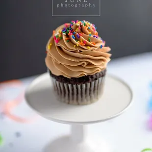 a cupcake with frosting and sprinkles