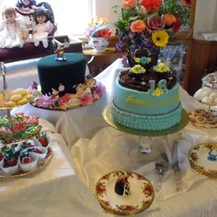 Sweet 16 Happy Un-Birthday Party - Tropical 3 layer cake - super moist and non-dairy with chocolate tea set on top!