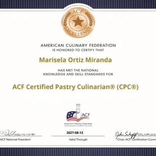 a certificate from the american culinary federation