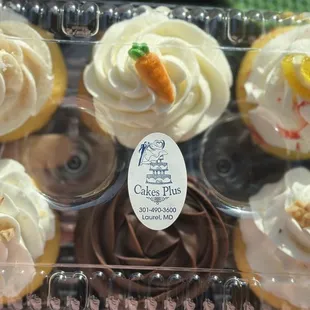 This 6 pack has carrot cake, lemon raspberry, almond toffee, and yellow cake with fudge icing cupcakes.