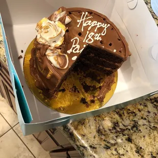 Chocolate cake with chocolate icing. Perfect texture, flavor... everything!