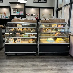 a display of cakes and pastries