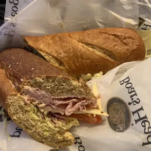 Ham sandwich with baby Swiss and pepper jack