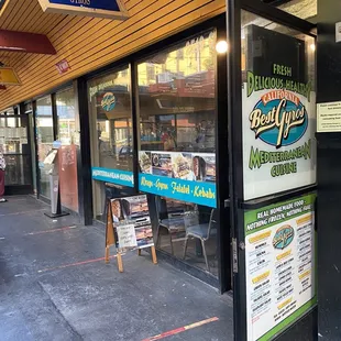 the entrance to a restaurant
