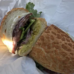 Gabagool salami on dutch crunch with mozzarella and everything