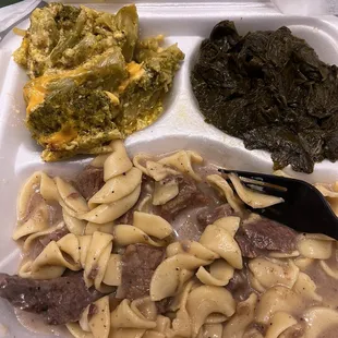 Beet tips and noodles, broccoli and cheese and turnip greens