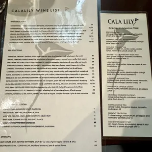 April 2024 menu for wines and martinis