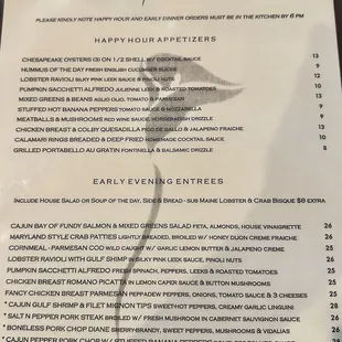 April 2024 early-dinner menu