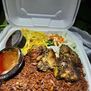 Waakye (the beans and rice) and jerk chicken