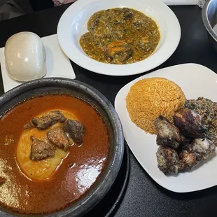Jollof Rice with chicken meat, Banku with Okra soup with meat, fufu with pepper soup