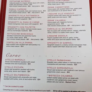 Pasta menu.